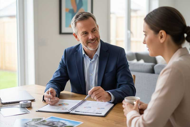 homeguide how to become a real estate appraiser discussing house appraisal to client thumbnail